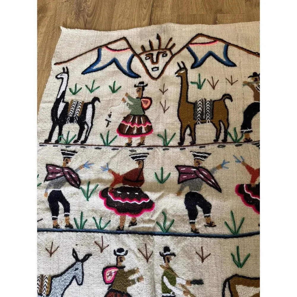 Vintage Peruvian Embroidered Wool Tapestry Wedding Celebration 39x24”